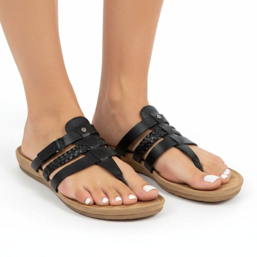 UGG Black Leather Heeled Strappy Thong Sandals 9